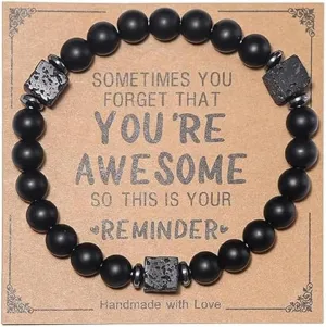 You're Awesome Inspirational Natural Healing Stone Beaded with Heart Pendant Adjustable Friendship Couple Bracelet Meaningful Card Birthday Jewelry Gifts for Women Men