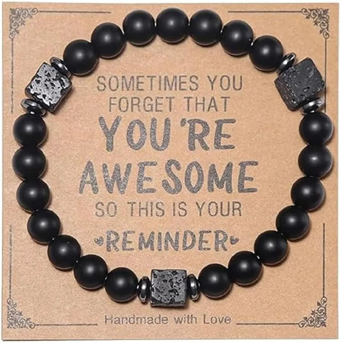 You're Awesome Inspirational Natural Healing Stone Beaded with Heart Pendant Adjustable Friendship Couple Bracelet Meaningful Card Birthday Jewelry Gifts for Women Men