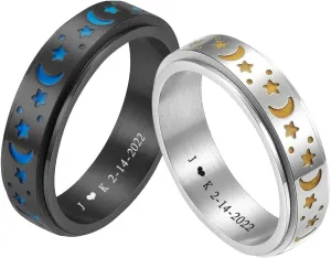 ZKXXJ Personalized Sun and Moon Stars Couple Rings Set for Him Her,Custom Matching Promise Rings for Couples Stainless Steel Dark Luminous Fidget Ring Anxiety Ring Engagement Wedding Band