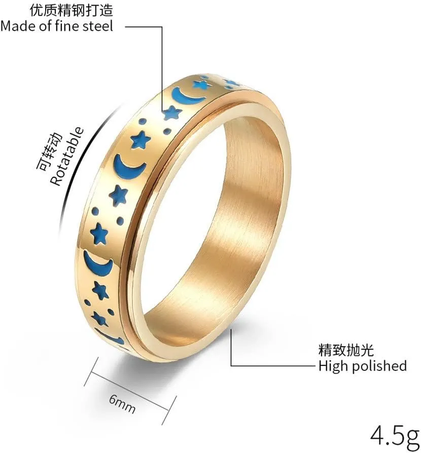 ZKXXJ Personalized Sun and Moon Stars Couple Rings Set for Him Her,Custom Matching Promise Rings for Couples Stainless Steel Dark Luminous Fidget Ring Anxiety Ring Engagement Wedding Band