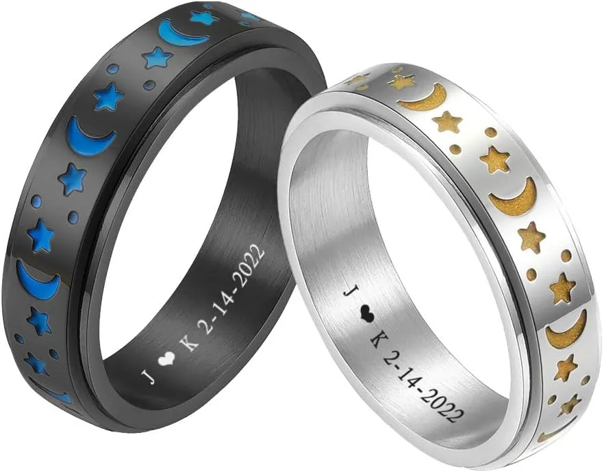 ZKXXJ Personalized Sun and Moon Stars Couple Rings Set for Him Her,Custom Matching Promise Rings for Couples Stainless Steel Dark Luminous Fidget Ring Anxiety Ring Engagement Wedding Band