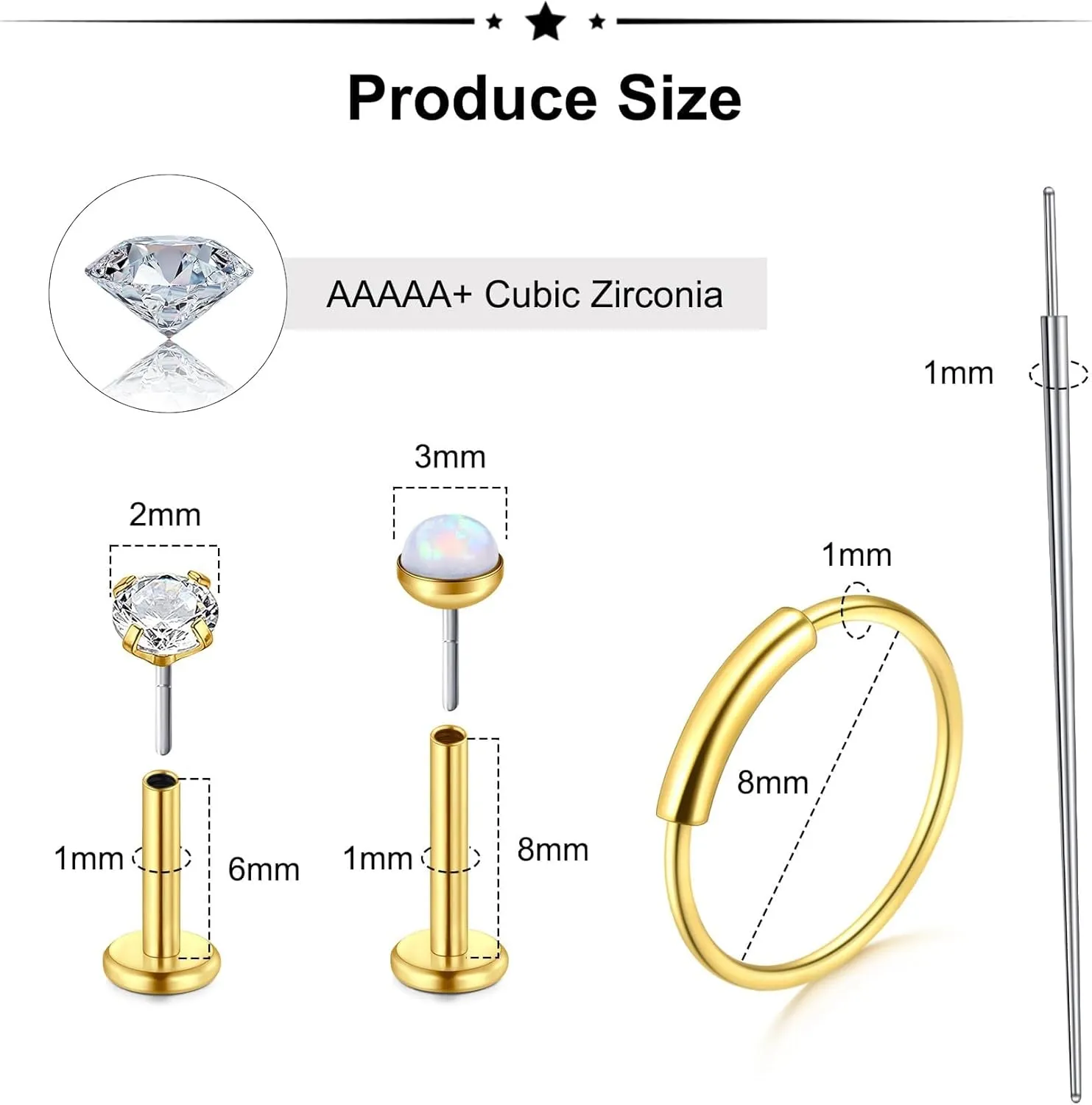 Zolure 18G/20G Flat Back Earrings Stud Threadless Nose Studs Surgical Steel Push in Earrings Tragus Cartilage Labret Helix Lip Conch Medusa Piercing Jewelry