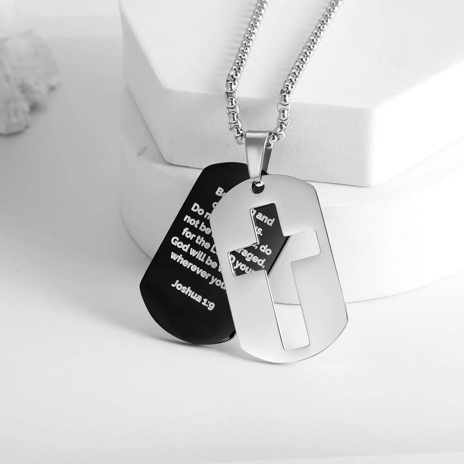 ZRAY Dog Tag Necklace for Men Bible Verse Cross Pendant Stainless Steel Chain 24inch Inspirational Christian Jewelry Meaningful Religious Gift for Boys