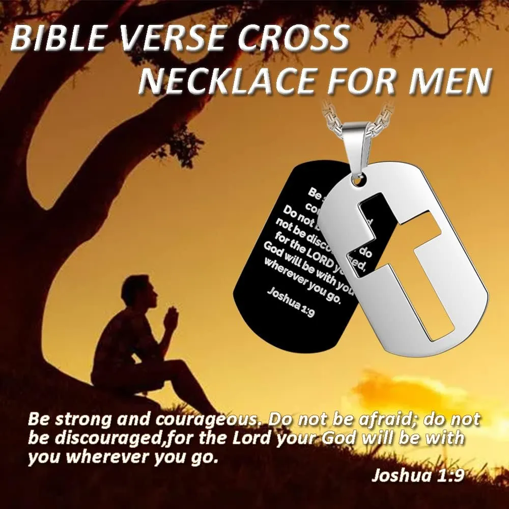 ZRAY Dog Tag Necklace for Men Bible Verse Cross Pendant Stainless Steel Chain 24inch Inspirational Christian Jewelry Meaningful Religious Gift for Boys