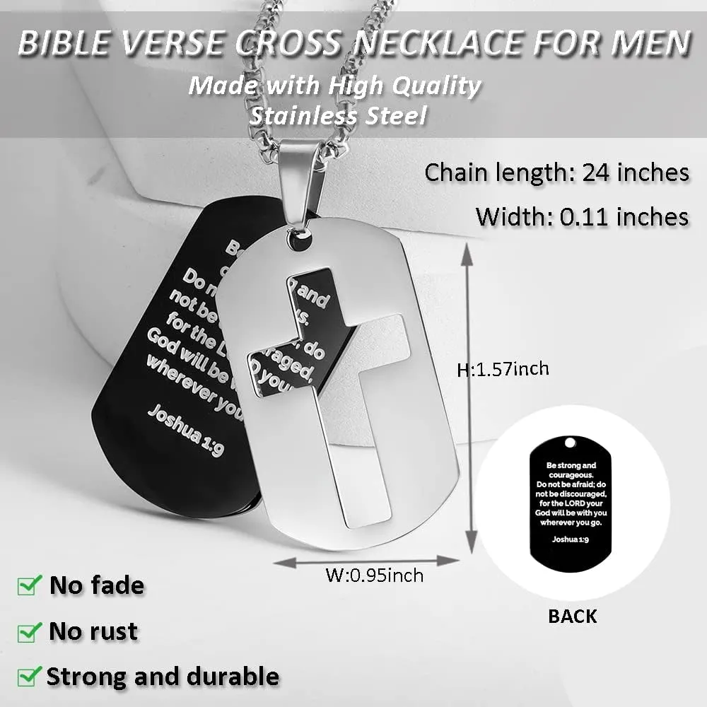 ZRAY Dog Tag Necklace for Men Bible Verse Cross Pendant Stainless Steel Chain 24inch Inspirational Christian Jewelry Meaningful Religious Gift for Boys