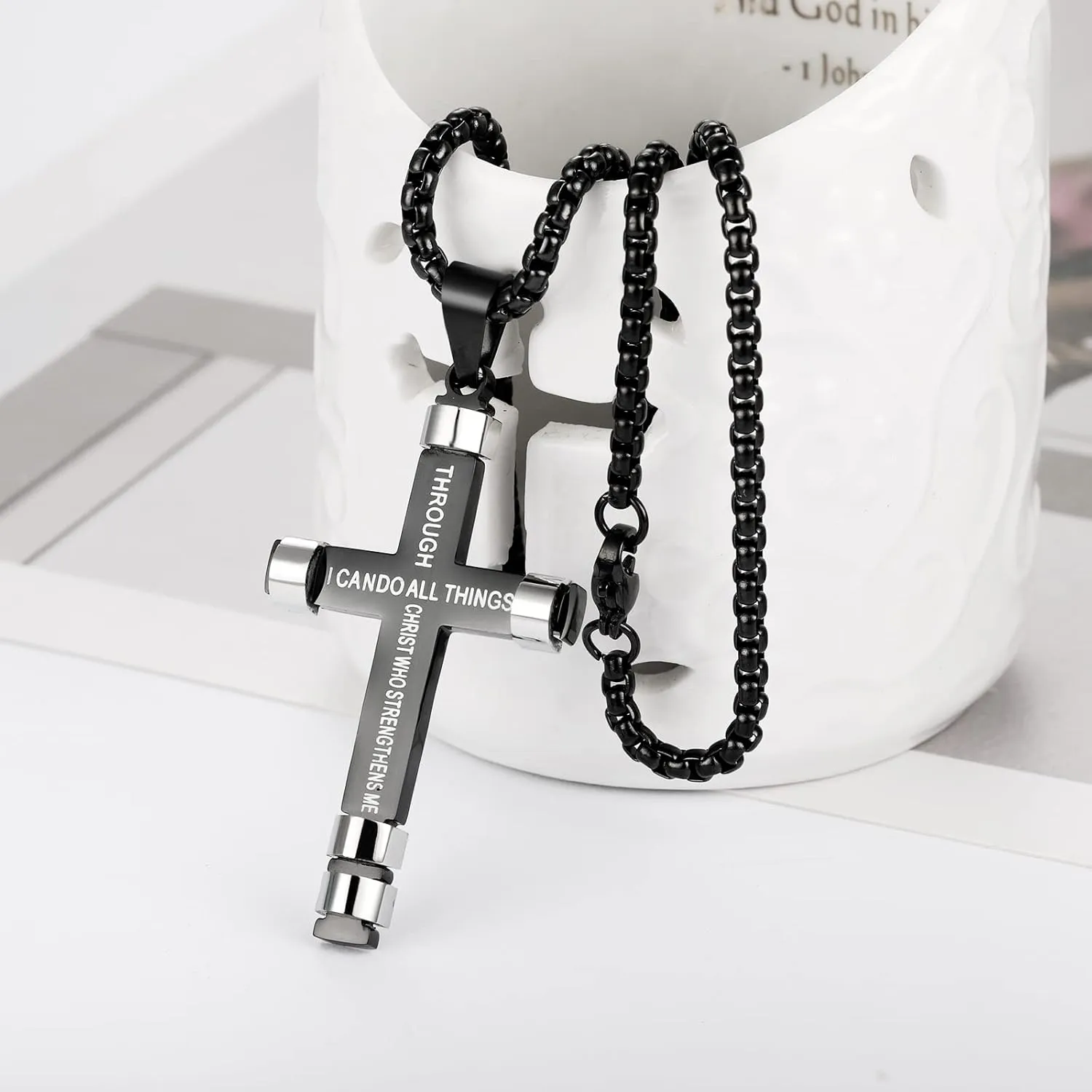 ZRAY Philippians 4:13 Cross Necklace for Men Strength Bible Verse I CAN DO ALL THINGS Pendant Stainless Steel Chain Meaningful Jewelry Gift for Boy