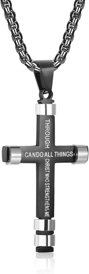 ZRAY Philippians 4:13 Cross Necklace for Men Strength Bible Verse I CAN DO ALL THINGS Pendant Stainless Steel Chain Meaningful Jewelry Gift for Boy